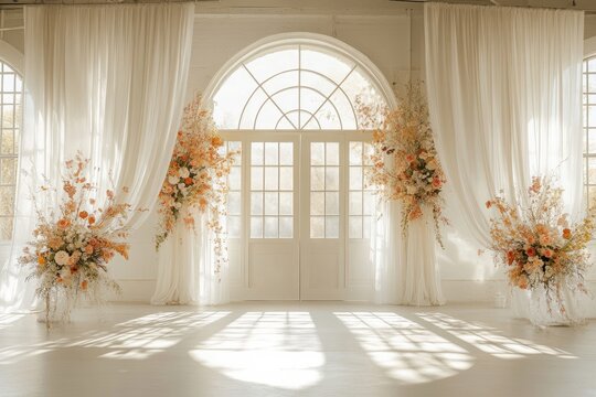 Sunlight streams through arched windows in a sunlit room draped with sheer curtains and adorned with peach-toned floral arrangements