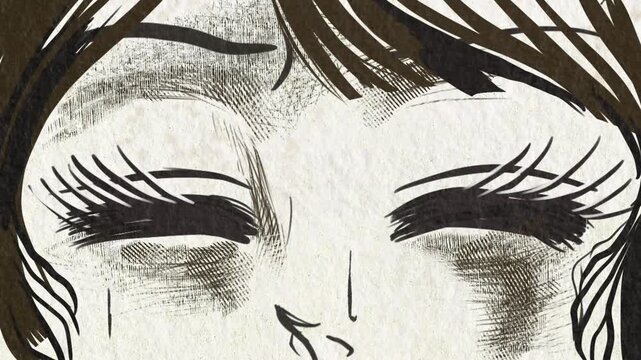 戦慄し絶叫する昭和レトロなホラー漫画風の黒髪白目の女性主人公