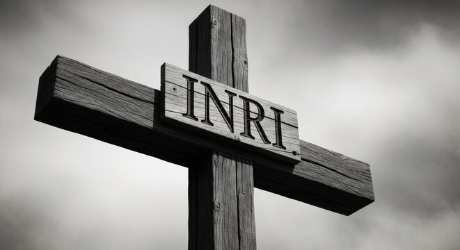 A solemn black and white image of a wooden Christian cross with the INRI inscription against a dramatic cloudy sky.