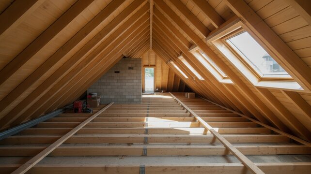 View of an unfinished attic space showing the wooden frame structure and roof windows