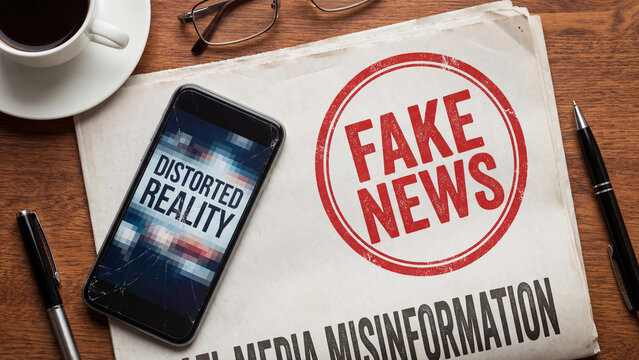 Fake news media misinformation and distorted reality concept on newspaper and cracked smartphone representing digital propaganda journalism credibility crisis public deception and social media truth