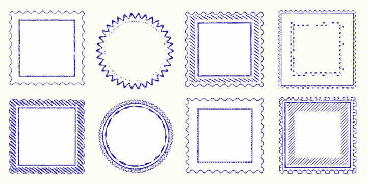 Collection of vintage blue stamp frames with varied border designs