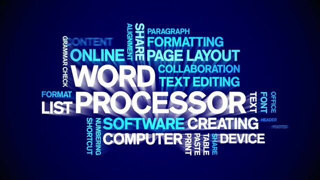 Word Processor animated word cloud-text design animation tag kinetic typography seamless loop.