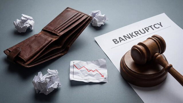 Personal bankruptcy financial ruin and legal insolvency proceeding with empty wallet declining chart and court gavel representing severe debt crisis economic collapse credit failure and court ordered