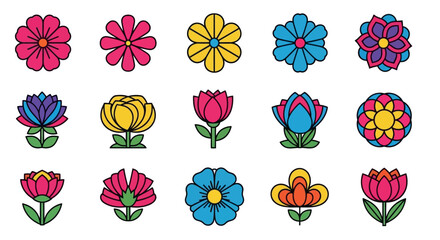 Collection of fifteen stylized flat flowers in vibrant colors floral bloom blossom petal