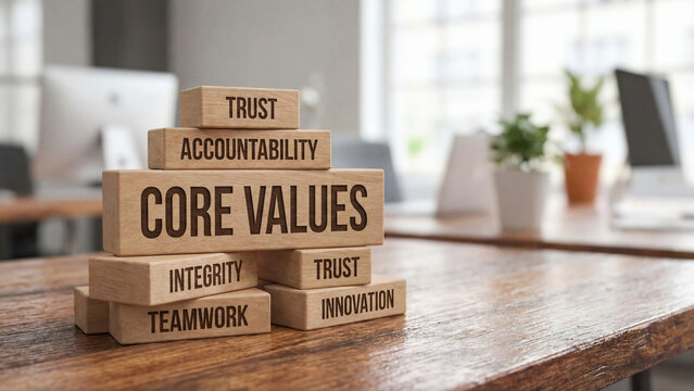Corporate organizational core values of trust accountability integrity teamwork and innovation stacked as foundation blocks representing strong ethical business culture leadership principles and team 