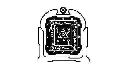 Intricate mechanical device with symbols and gears