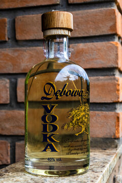 Sao Paulo, Brazil, August 25, 2024: Debowa Polska Oak Flavoured Vodka bottle on the pub shelf with bricks wall background