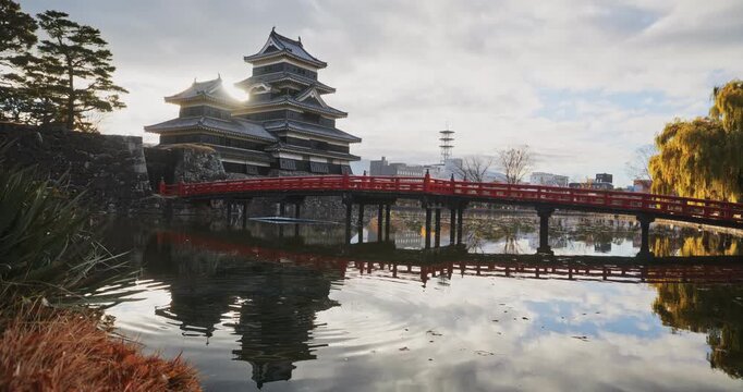 Ripples in pond near ancient 16th century Matsumoto castle and beautiful bridge at sunrise