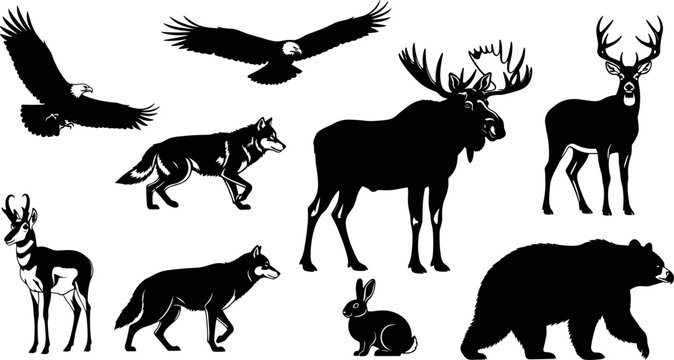 North American wildlife silhouettes collection, set of majestic moose elk bear wolf bald eagle and pronghorn antelope vector isolated on white background.