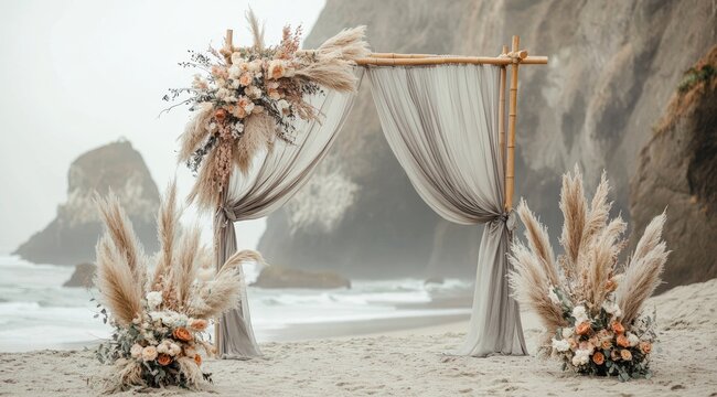 Beach wedding archway adorned with pampas grass and floral arrangements