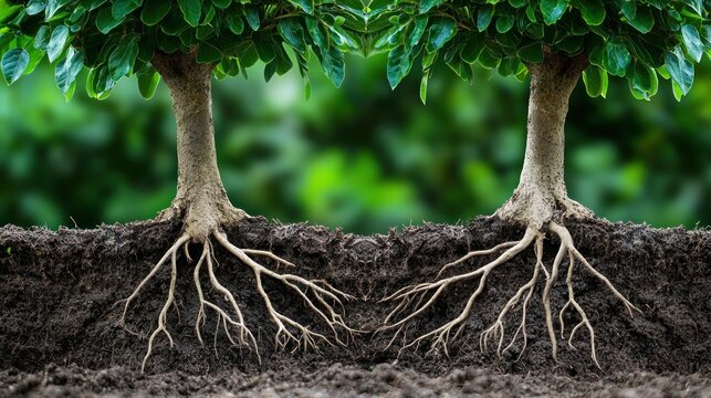 Two trees growing side by side with intertwined roots visible through the soil symbolizing natural interrelationship