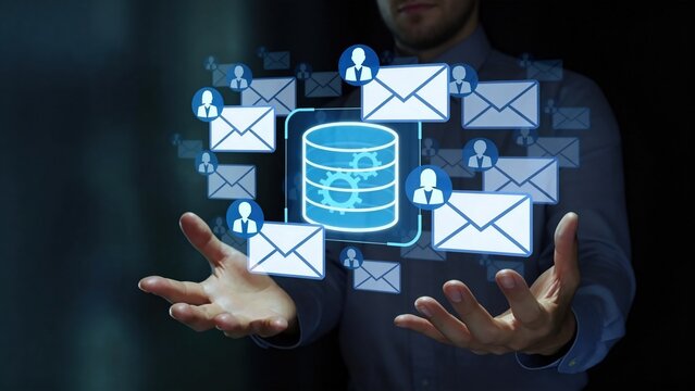 Businessman managing email marketing system with digital database interface and customer communication network,concept of CRM automation,data integration and cloud messaging technology