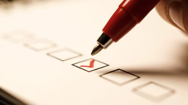 Close-up of a red marker ticking a checkbox on a paper checklist. Shallow depth of field focuses on the checked item and the pen tip.