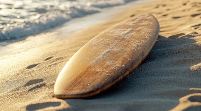 Wooden surfboard on sandy beach, waves