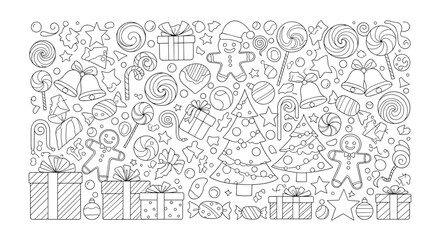 Obraz premium Detailed black and white Christmas coloring page featuring a festive pattern of gifts trees gingerbread men and holiday sweets.