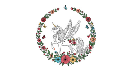 Obraz premium Graceful pegasus unicorn with wings stands inside a beautiful circular wreath of colorful flowers and fluttering butterflies.