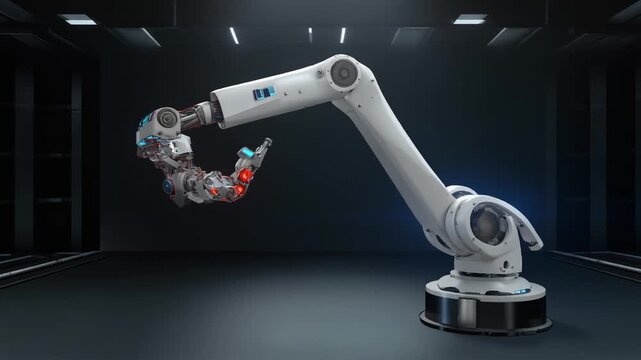 Industrial robotic arm operating in a darkened factory environment