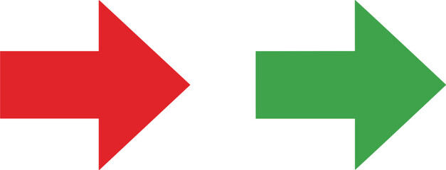 Red and green arrow icons pointing right representing direction progress next step and positive or negative navigation for web interface and business infographics. © Dipali