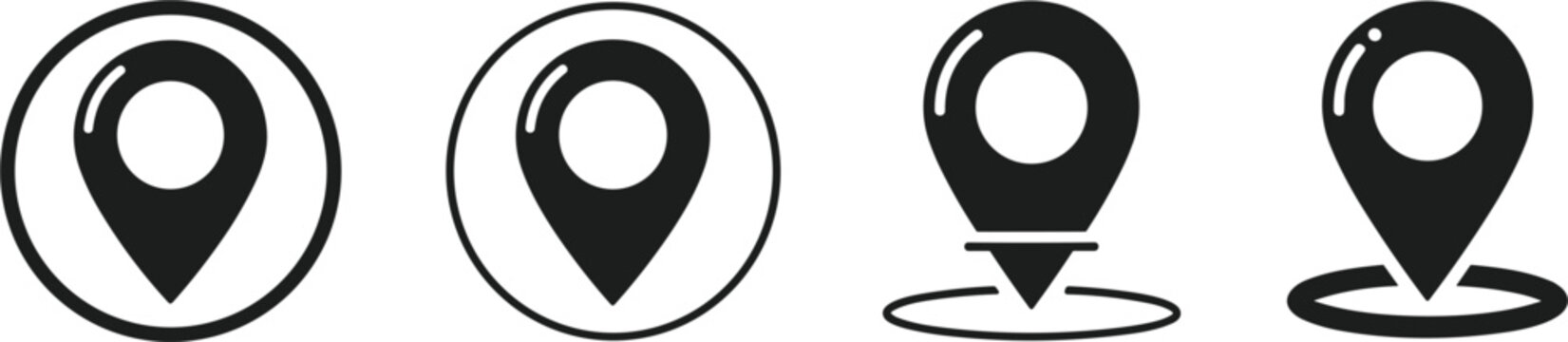 Set of black map pointer icons and location pin symbols in various circular and outlined styles for navigation web design and mobile app interfaces.