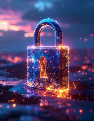 Neon glowing padlock in a digital, bokeh-filled landscape