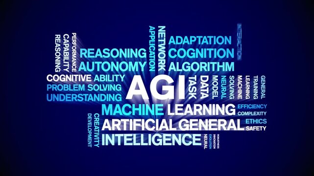 AGI Artificial General Intelligence animated word cloud-gross domestic product animation tag kinetic typography seamless loop.