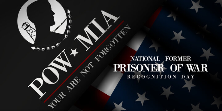 April 9 is National  Former Prisoner Of War Recognition Day. Pow mia and american flag. Suitable for posters, banners and social media. Black background.