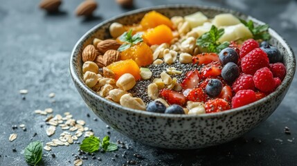 Fototapeta premium A health food bowl topped with hempseed, fresh fruits, and nuts showcasing nutritious superfoods