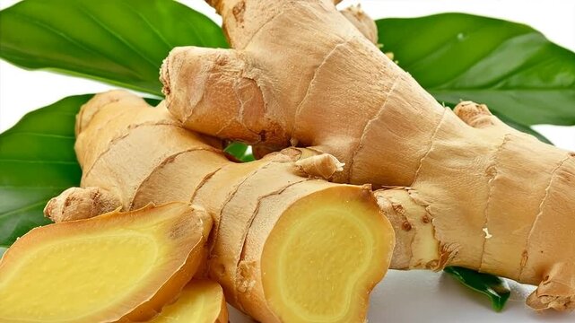 Fresh ginger roots with green leaves and sliced pieces showing the vibrant yellow interior, ready for culinary use.