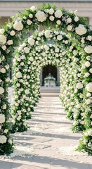 Fototapeta premium Beautiful white flowers and greenery wedding aisle archway entrance