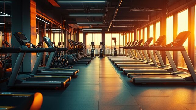 An empty gym at sunrise, rows of treadmills and elliptical machines glowing softly under fluorescent lights