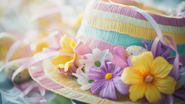 A close-up of a colorful Easter bonnet with ribbons and springtime decorations