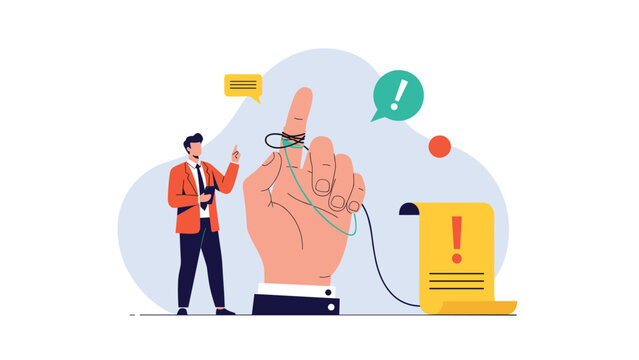 Businessman looking at a giant hand with a string tied around a finger as a memory reminder next to a large yellow document with exclamation.