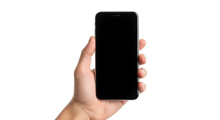 A hand holding a smartphone with a black screen against a white background