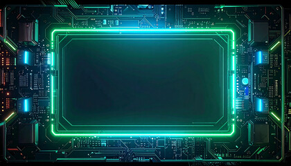 Fototapeta premium Circuit board architecture. Neon light frame for interface. Hardware for data processing. System core. Cyber infrastructure. Electronic components. Technology background. Signal flow.