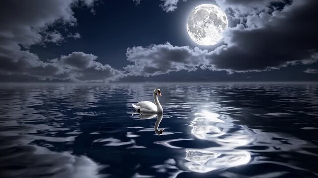 White swan swimming on a lake at night. Full moon reflecting on the water surface. Fantasy and dream concept