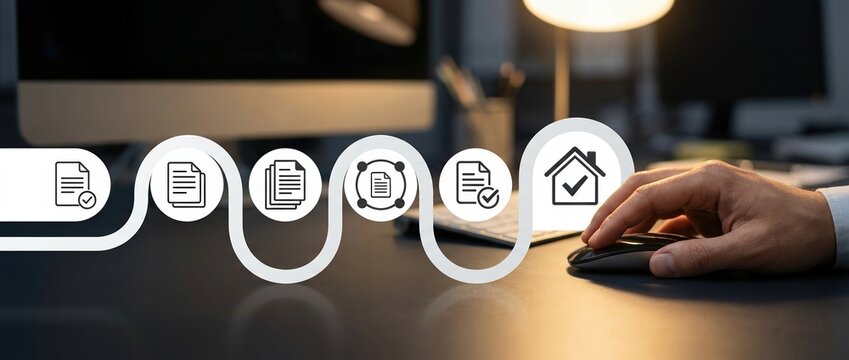 mortgage real estate home buying document processing house digital contract showing a modern workflow for property loan applications and automated housing agreements online.