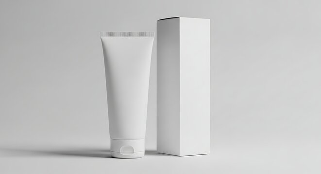 A white tube of cream stands next to a white box on a plain background.