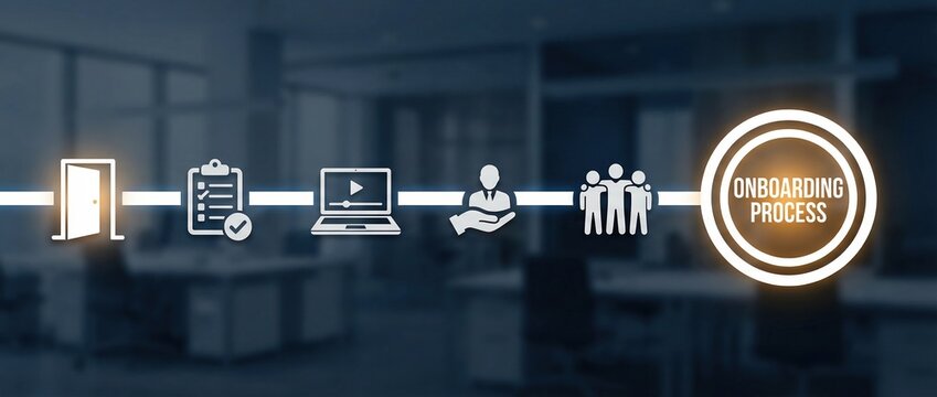 Onboarding process human resources employee integration hiring corporate training recruitment career development infographic showing the journey of new staff in an office setting.