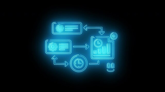 Neon blue flowchart diagram with glowing arrows and icons on a black background with a futuristic feel.