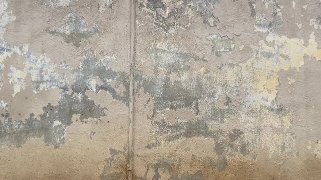 A horizontal one-take shot panning across an old architectural concrete wall featuring weathered textures and peeling paint surface.