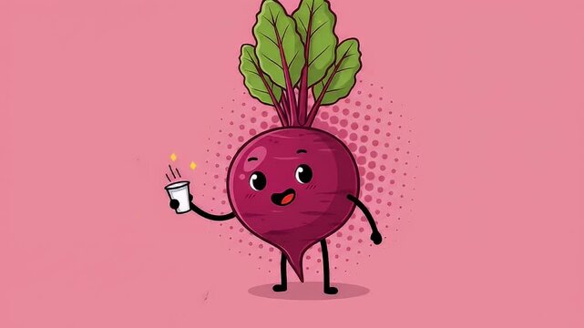 Cheerful cartoon beetroot character holding a cup, set against a playful pink background
