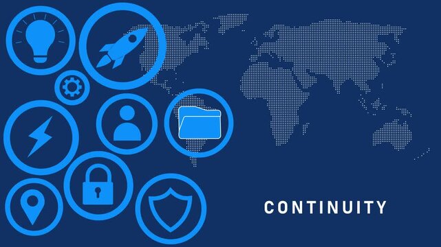 Global business continuity concept with digital representing innovation security and data management on a dark blue background with a dotted map