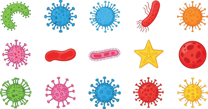Colorful bacteria and virus vector icon set featuring microscopic pathogens germs microorganisms flu cells and disease infection illustrations for medical and science education