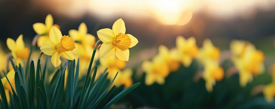 Yellow daffodils with green leaves blooming in a garden, capturing the essence of spring and renewal with copy space