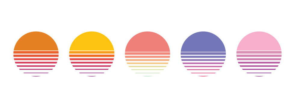 Retro sunset sun and water silhouette. Bright vintage 90s style summer logo or icon isolated on white background. 