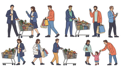 Diverse group of people shopping with grocery carts and bags representing retail consumers and supermarket customers.