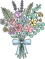 파스텔 플라워 믹스 꽃다발 일러스트