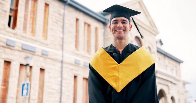 Face, student and smile at university with graduation, diploma achievement and education milestone. Happy, man and pride at college outdoor with degree success, opportunity and skill development.