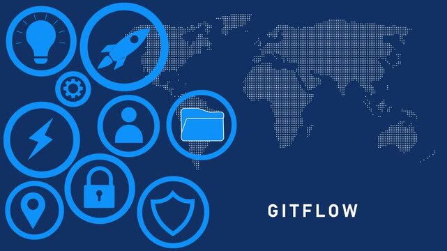 Gitflow workflow concept with technology and a map representing distributed version control and collaborative development on a dark blue background